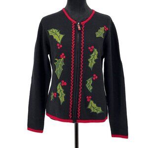 Charter Club Christmas Sweater Womens MP Lambswool Black Holly Embroidery‎ Zip